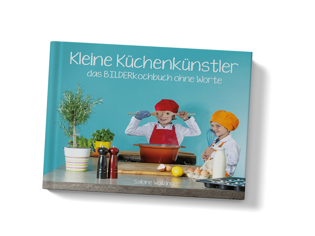 Buchcover Kleine Küchenkünstler – zwei Kinder in Kochkleidung vor türkisem Hintergrund