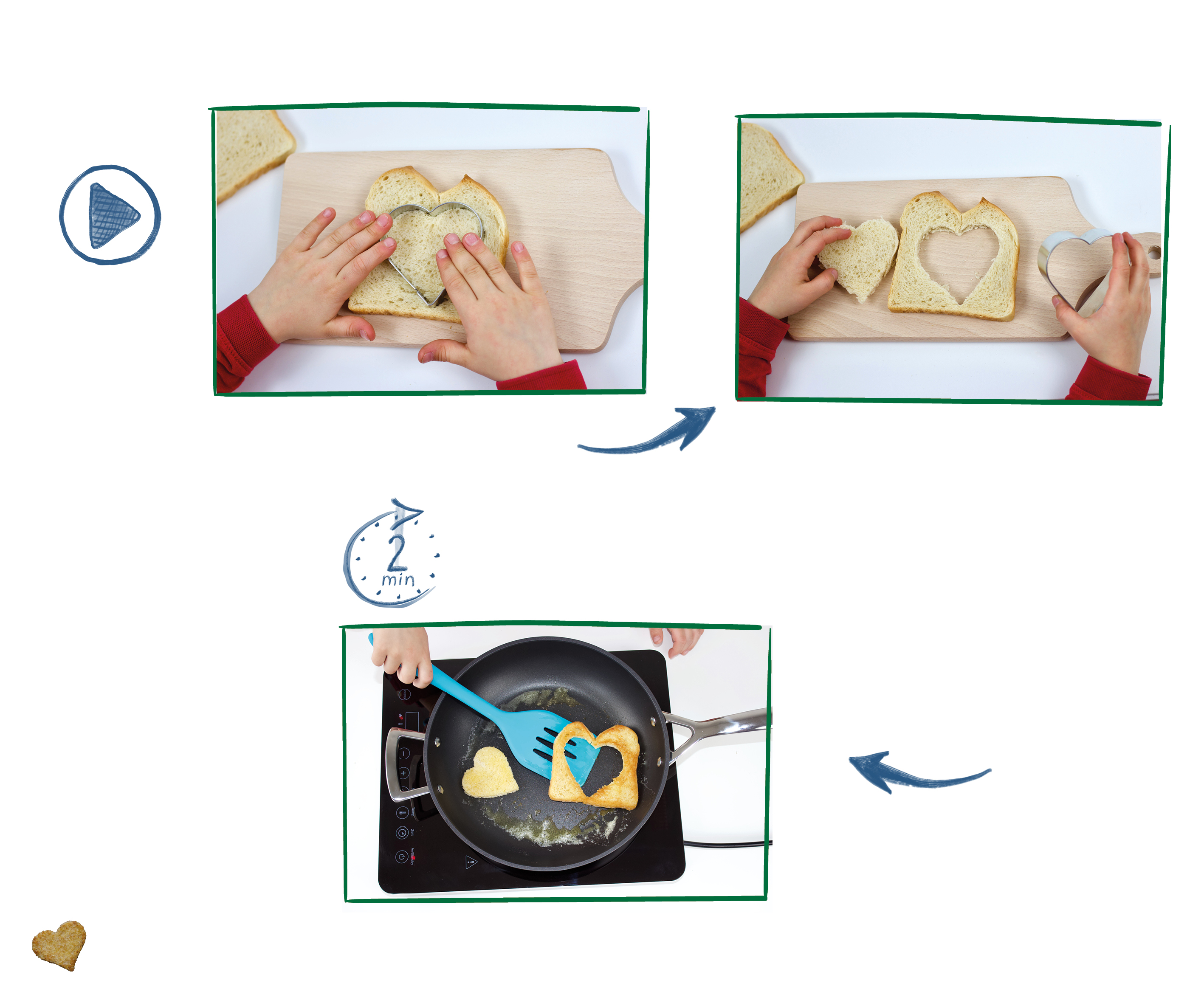 Buchseite 2: Toastherz-Rezept – Butter abschneiden, Pfanne erhitzen, Butter zerlassen, fertig braten